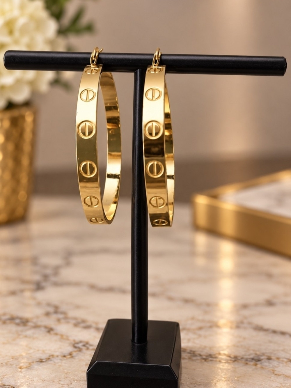 Gold Hoop Earrings with Screw Motif - Almost 2"